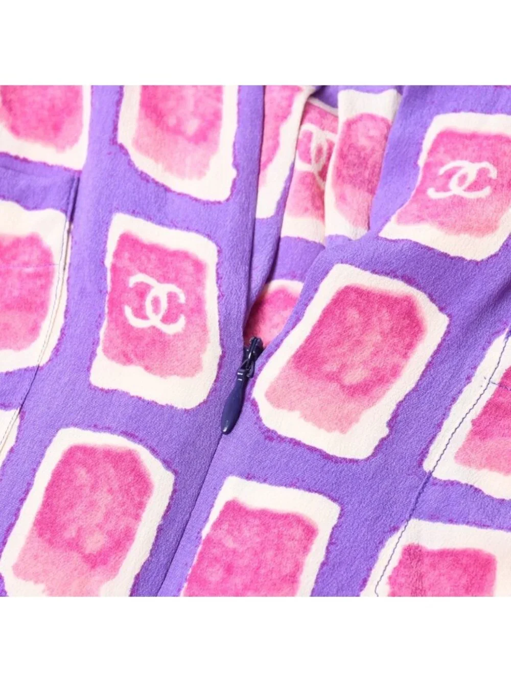 Chanel Zip Up Long Sleeve Silk Shirt CC Logo Coco Cube Purple 36